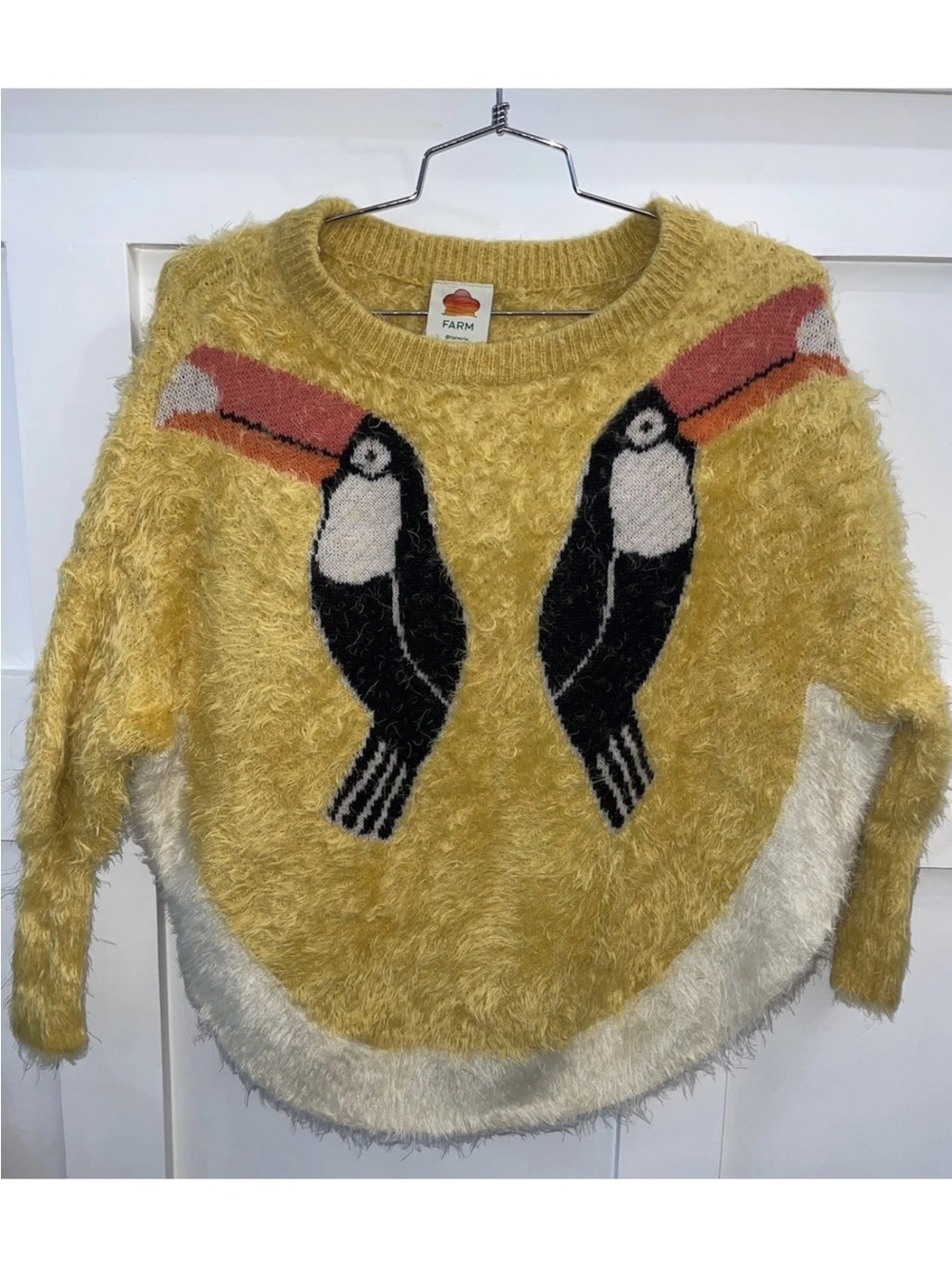 FARM Rio Fuzzy Toucan Sweater in Yellow, Black & White with Coral Beak Accents